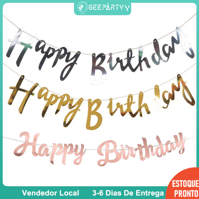GeeParty Feliz Aniversário Bandeiras Para Decorações De Festa De Ouro Prata Rosa