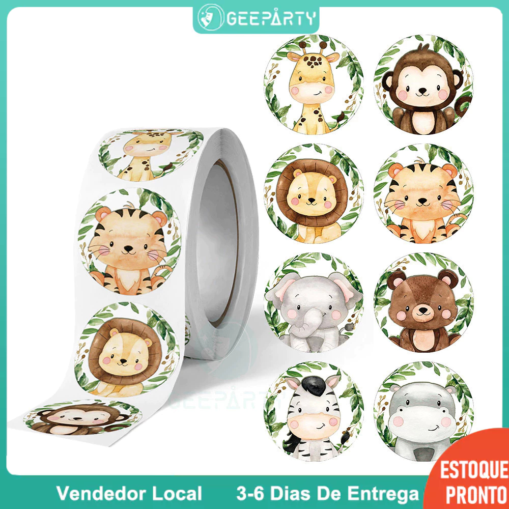 GeeParty – 500 Peças Etiquetas em Rolo de Animais da Selva para Festa Temática Safári e Presente de Aniversário
