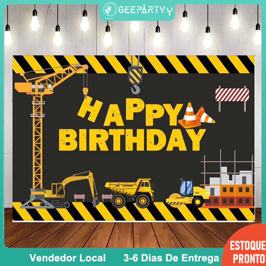 GeeParty – Fundo de Pano com Tema Carreta de Construção para Festa Infantil Menino