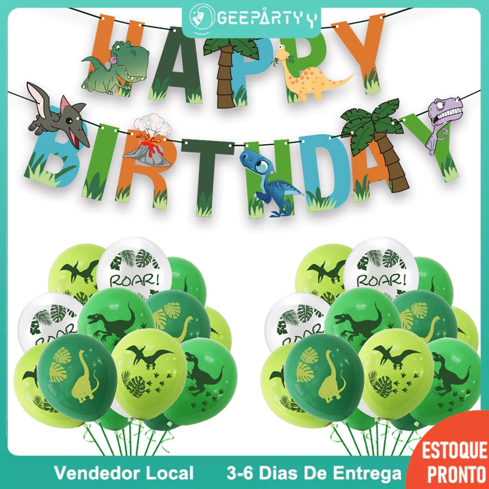 GeeParty - Conjunto de Decoração com Tema de Dinossauro (Bandeira e Balão) para Festa Infantil