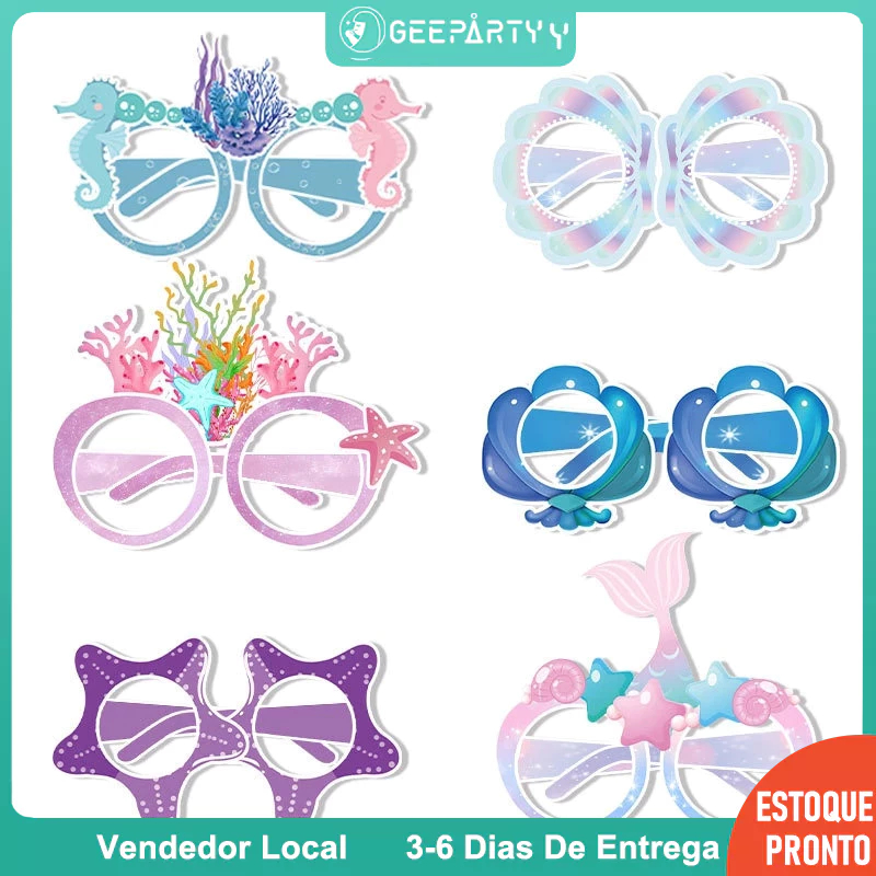 GeeParty 6 Peças Máscara De Festa De Vidro Com Tema De Sereia Vestido De Aniversário Concha Para Crianças Sob O Mar em Oferta na Shopee