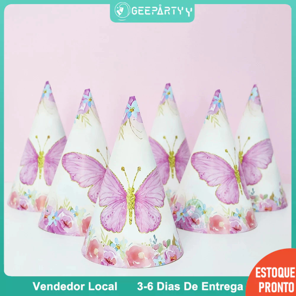 GeeParty 6 Pçs/set Tema Borboleta Chapéu De Aniversário Rosa Padrão Papel Para Crianças Menina Festa Precisa De Suprimen em Oferta na Shopee