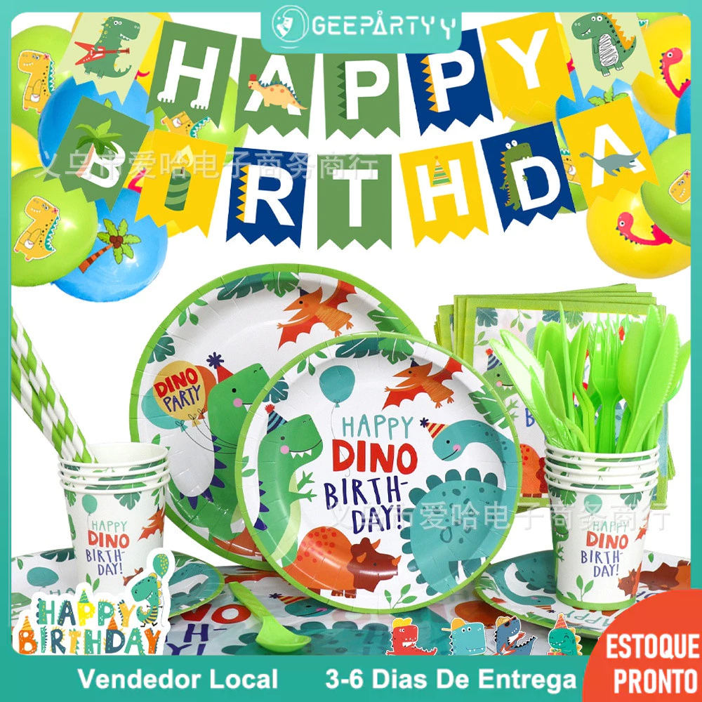 GeeParty Novo Dinossauro Utensílios De Mesa Descartáveis Prato De Papel Guardanapo Colher Garfo Conjuntos De Palha Para