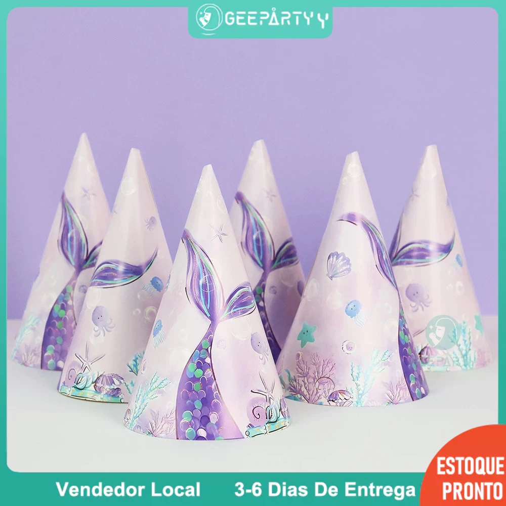 GeeParty 6 Pçs/set Cauda De Sereia Chapéu De Aniversário Boné De Papel Para Crianças Menina Tema Decorações De Festa Sup