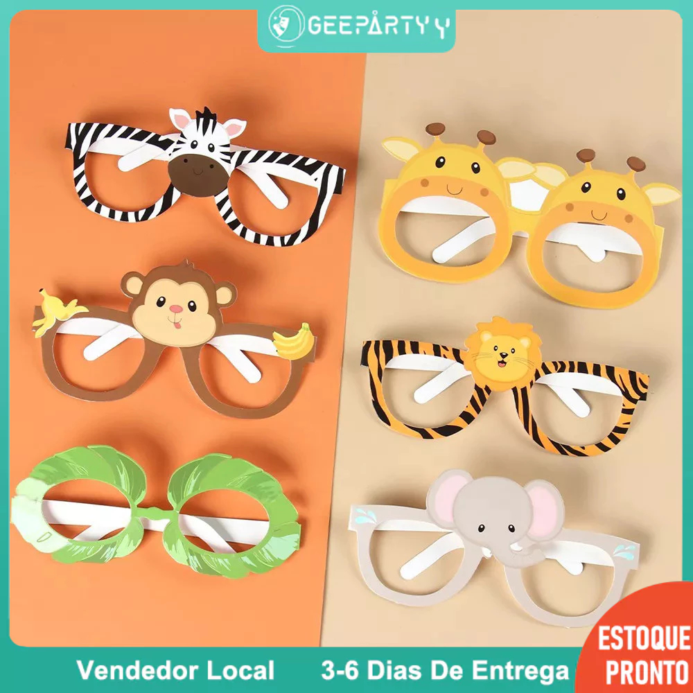 GeeParty 6 Pçs/Set Tema Animal Dos Desenhos Animados Óculos De Papel Máscara De Festa Para Crianças Selva Safari Fontes