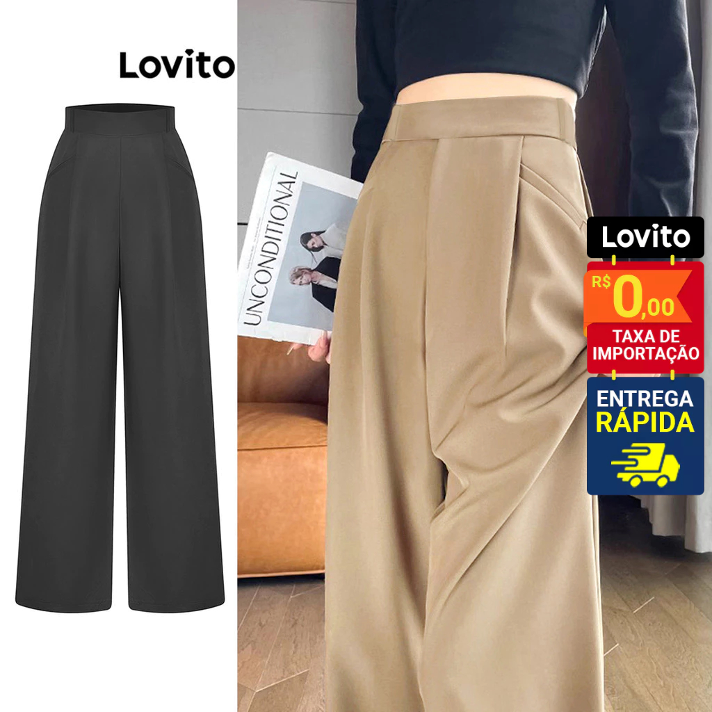 Lovito Casual Calça Feminina Lisa Plissada com Bolso L71ED104