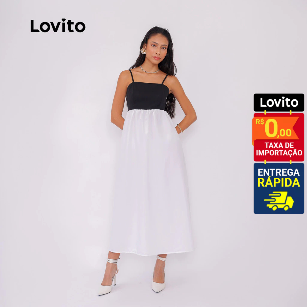 Lovito Vestido Bicolor Saia Rodada Casual com Franzido para Mulheres LB550BRL580 em Oferta na Shopee