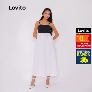 Lovito Vestido Bicolor Saia Rodada Casual com Franzido para Mulheres LB550BRL580 em Oferta na Shopee