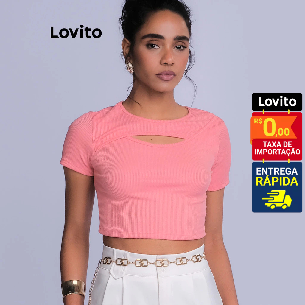 Lovito Top Croped com Recorte Manga Curta Básico Feminino LB1096BRL1126 em Oferta na Shopee