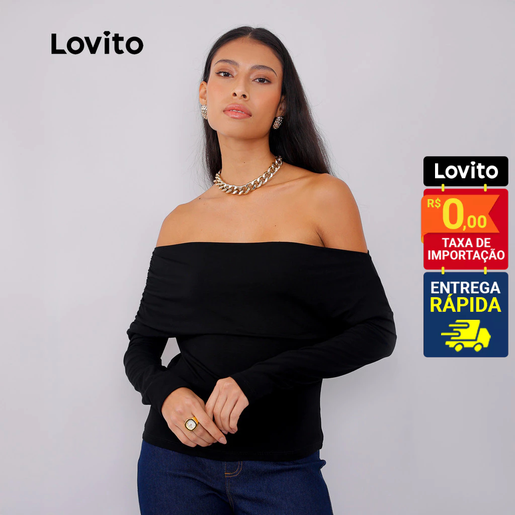 Lovito Blusa Elegante Lisa para Mulheres LB463BRL492 em Oferta na Shopee
