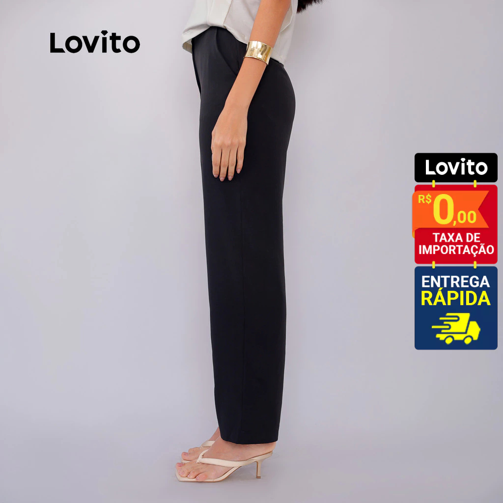 Detalhes do Lovito Calça Alfaiataria Elegante Lisa com Botão para Mulheres LB525BRL555