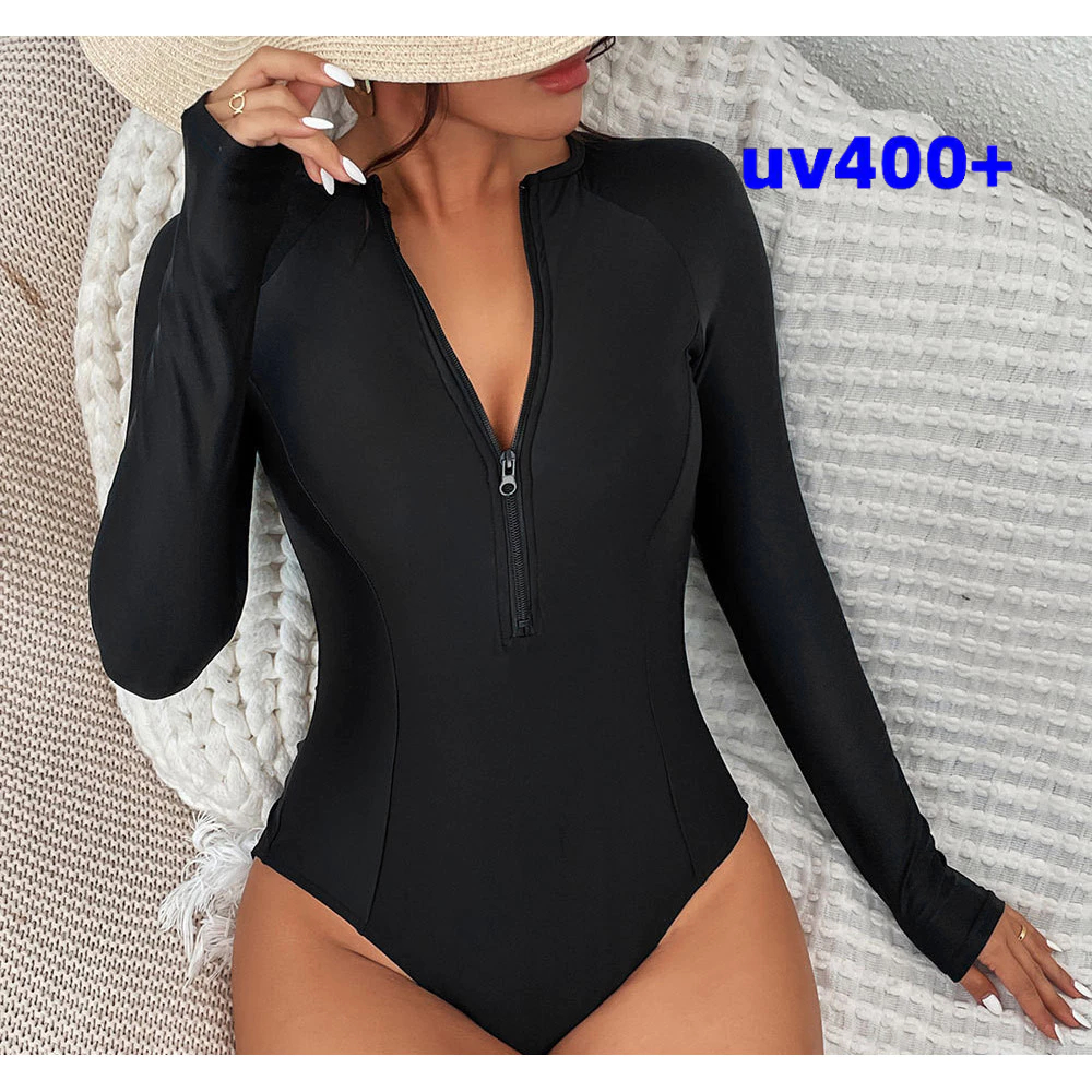 UV bikini Maiô protetor solar de manga comprida novo estilo terno de surf maiô  peça única cor sólida senhoras