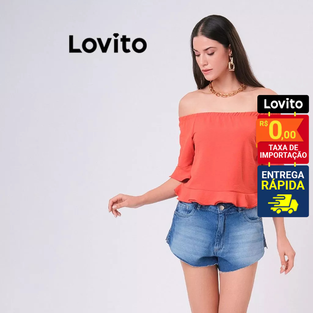 Lovito Blusa Ombro a Ombro com Babados Ciganinha Basica Feminina LB11BRL040 em Oferta na Shopee