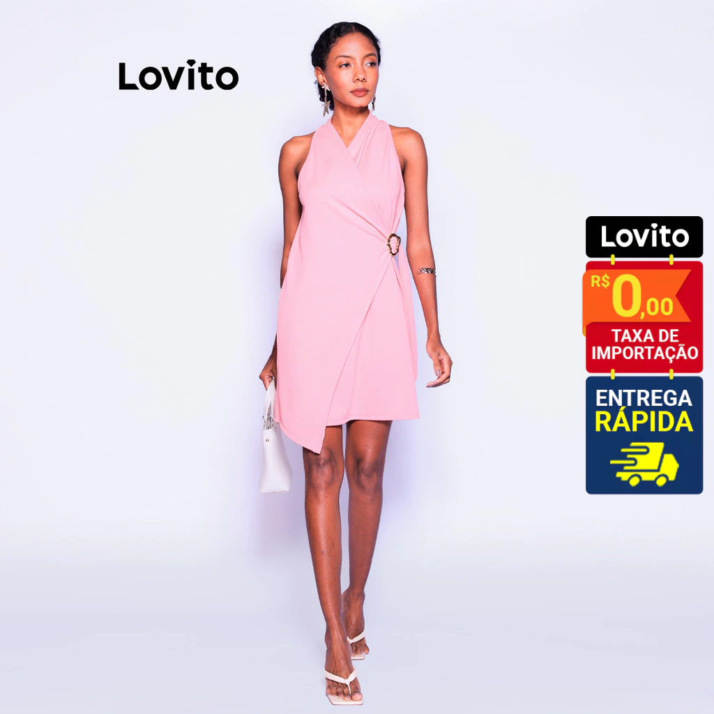 Detalhes do Lovito Vestido Rosa Assimetrico Curto Moda Elegante Fivela Transpasse Liso com Cinto Feminino LB962BRL992