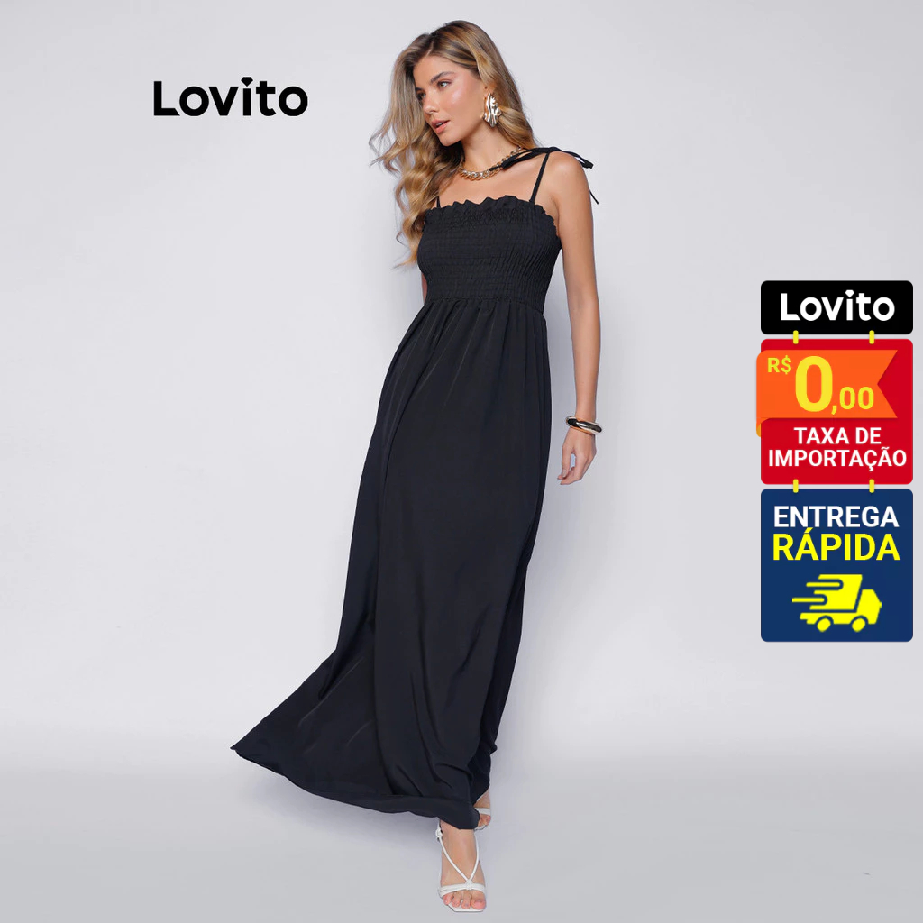 Lovito Vestido Longo Preto Praia Viagem Basico Casual Liso Feminino LB919BRL949