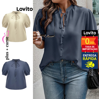Lovito Blusa Plus Size Elegante Lisa Com Cadarço E Botão Com Babados E Gola Para Mulheres LBL09414 em Oferta na Shopee