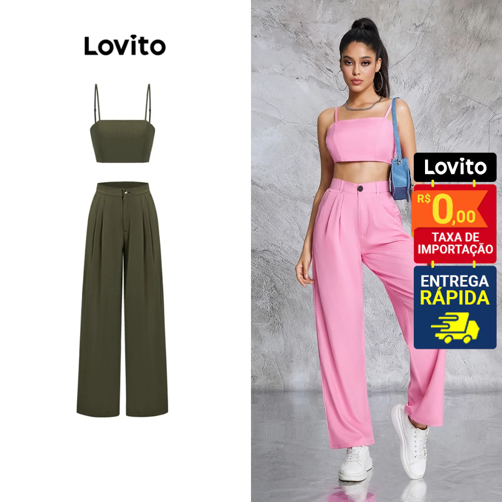 Lovito Tops ou Calças Básicas Femininas Bolso LBE02008 em Oferta na Shopee