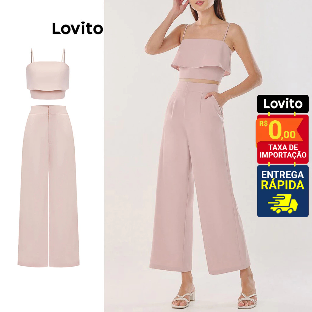 Lovito Tops ou calças Femininas Casuais de Camada Dupla com Babados L87ED134