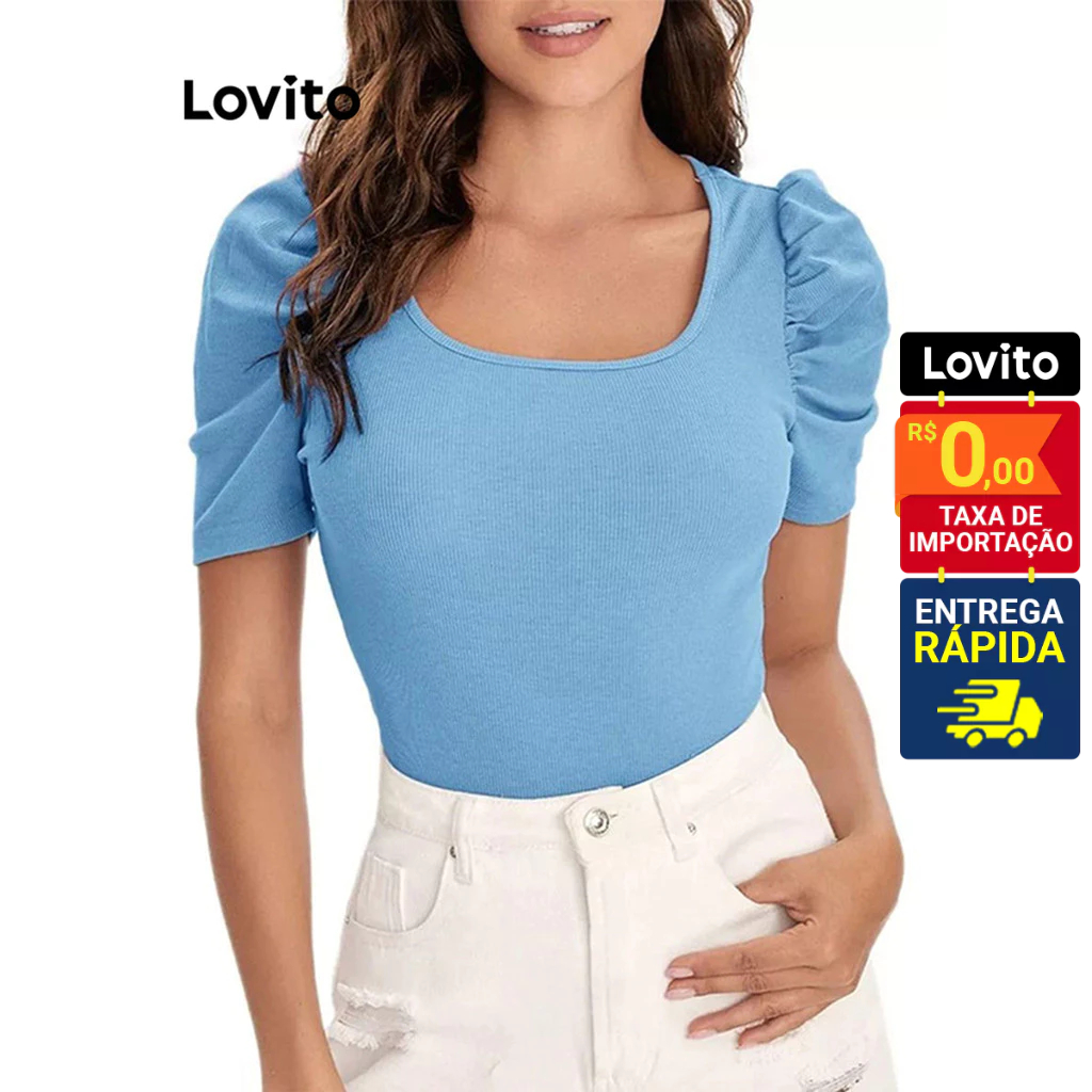 Lovito Camiseta Feminina Casual Malha Canelada Lisa LNE48463 em Oferta na Shopee