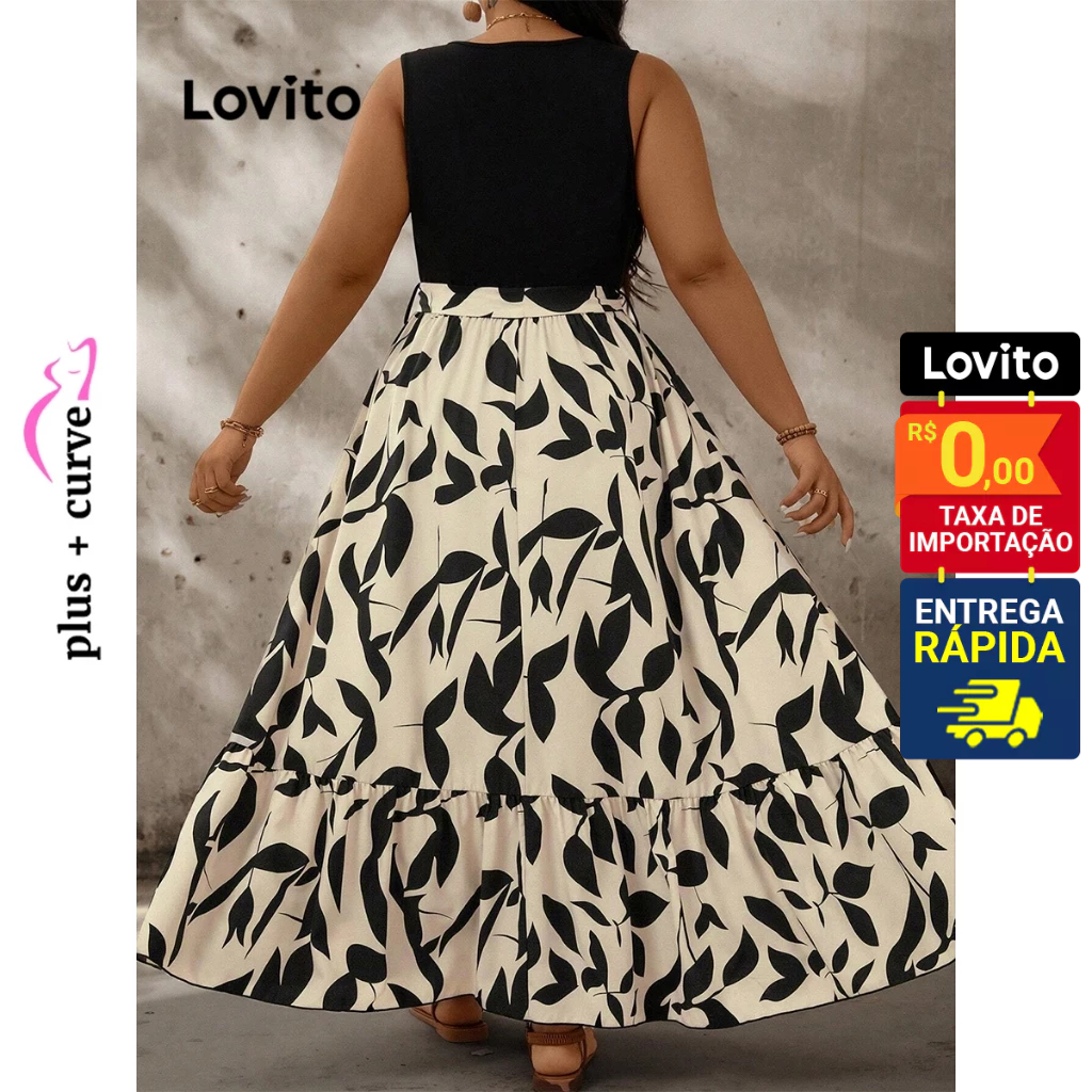 Detalhes do Lovito Vestido Plus Size Elegante Vestido Floral Com Costura De Flores Para Mulheres LBL15490