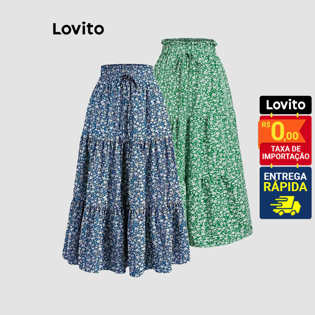 Lovito Saias Boho Ditsy Floral Em Cascata Com Babados E Renda Para Mulheres LNL70316 em Oferta na Shopee