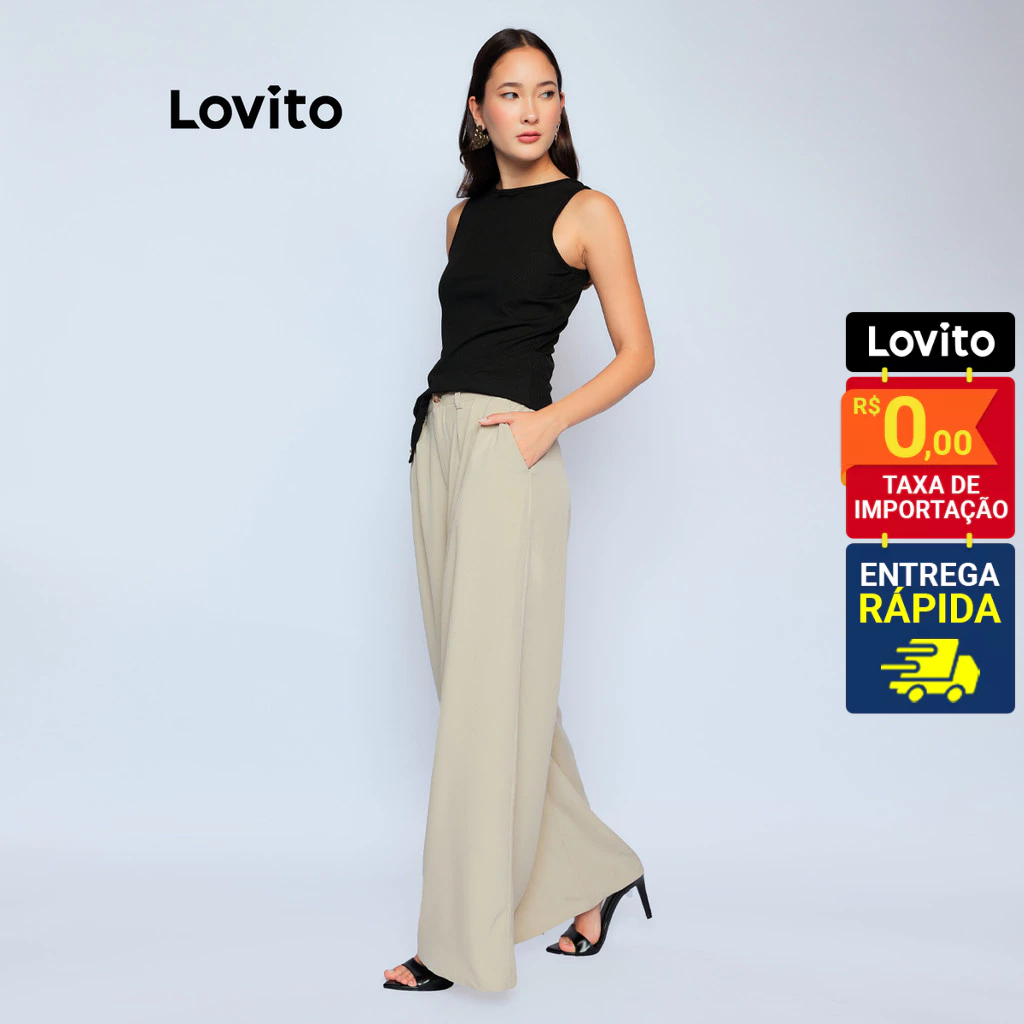 Lovito Calça Alfaiataria Bege Larga Basica Feminina Estilo Xadrez LB727BRL757 em Oferta na Shopee
