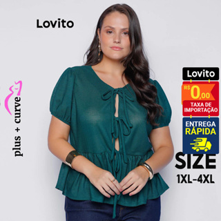 Lovito Blusa Feminina Plus Size com Amarrações Frontais LB1038BRL1068 em Oferta na Shopee