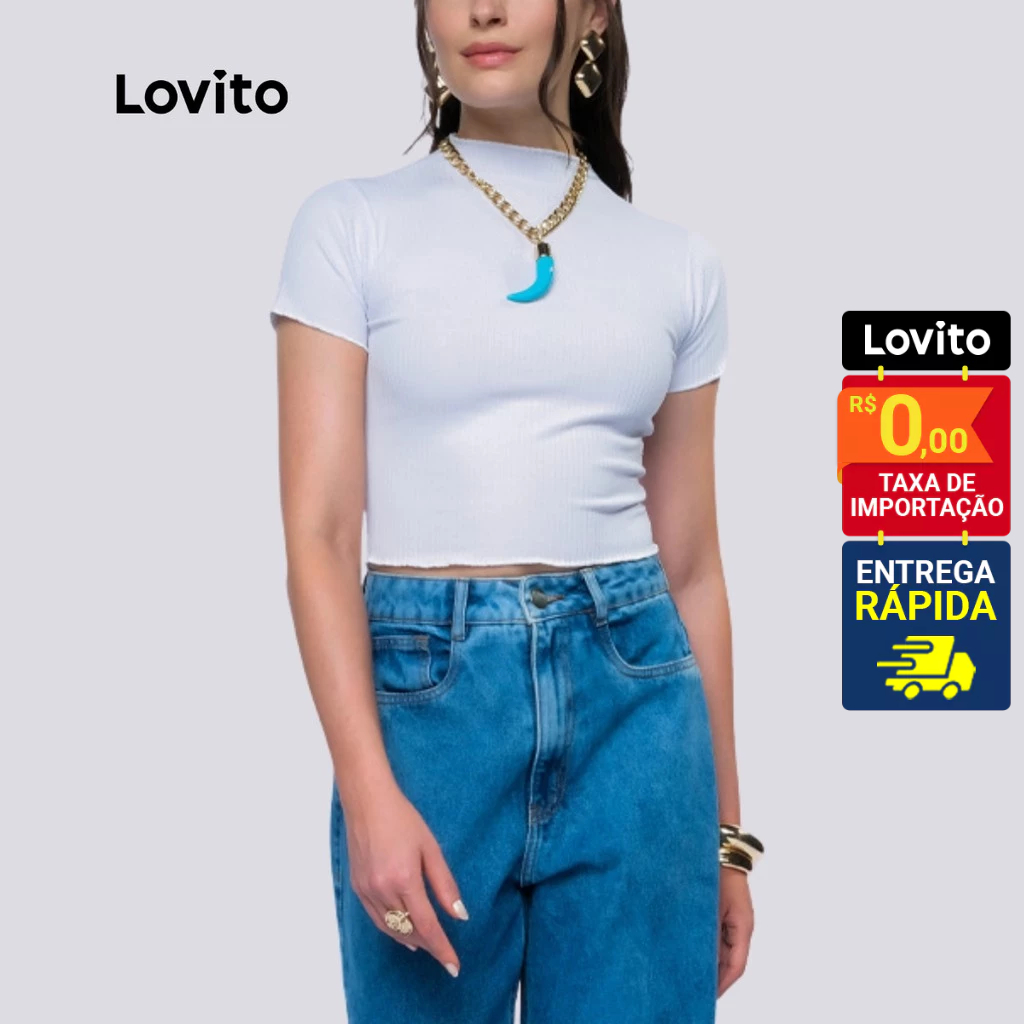 Lovito Camiseta feminina Manga Curta e Gola Alta em Malha Canelada LB14891519 em Oferta na Shopee