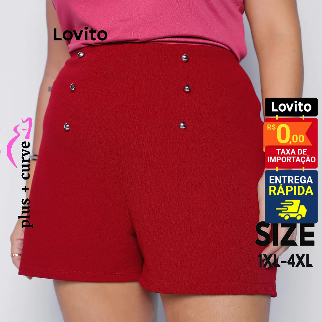 Lovito Shorts Plus Size Vermelho Curto Botoes Feminino de Cintura Alta em Oferta na Shopee
