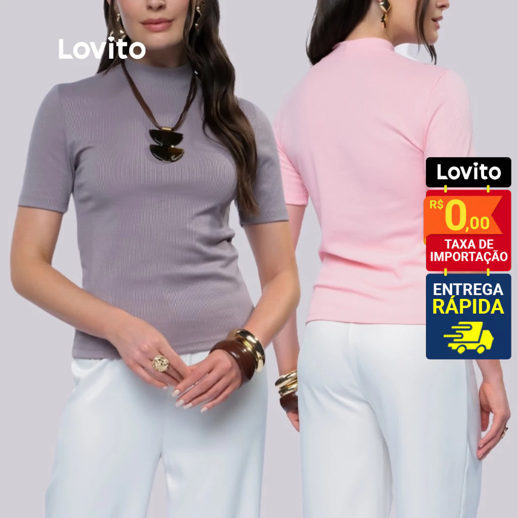 Detalhes do Lovito Kit 2 Camisetas Feminina Manga Curta e Gola Alta Casual Lisa LB1312BRL1342