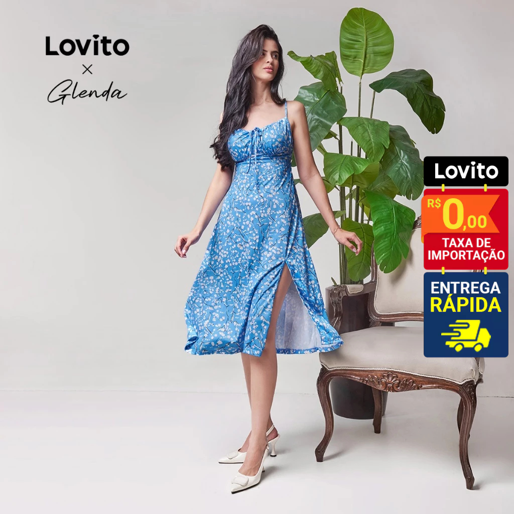 Detalhes do Lovito x Glenda Vestido Feminino Estampa Floral Amarração Busto LNE31004