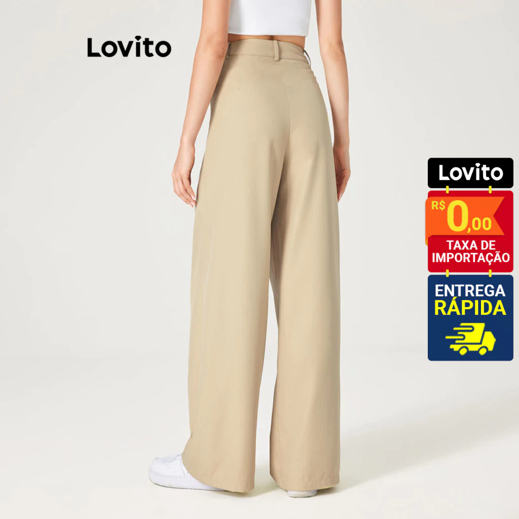 Detalhes do Lovito x Glenda Calça Feminina Wide-Leg com Pregas L74ED153