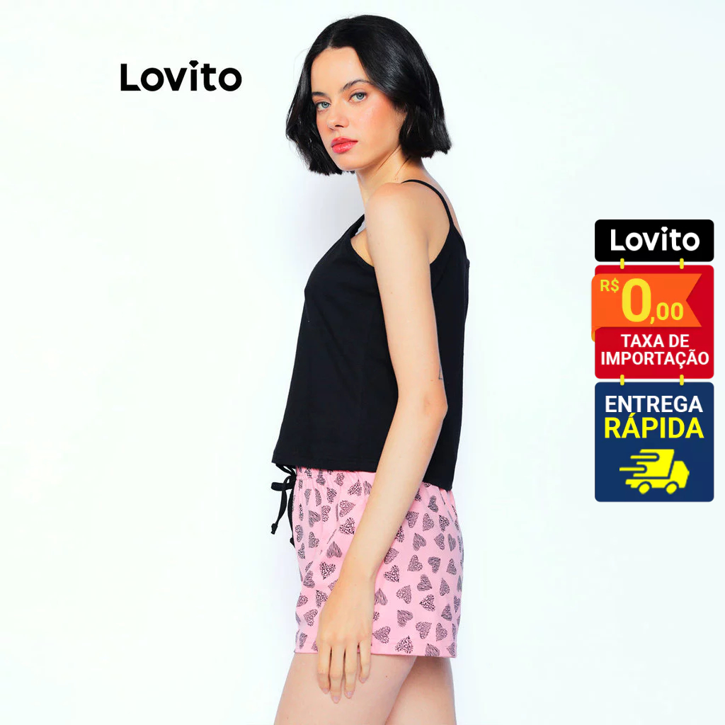 Detalhes do Lovito Pijama Feminino Regata e Shorts com Estampa de Coração LB1421BRL1451