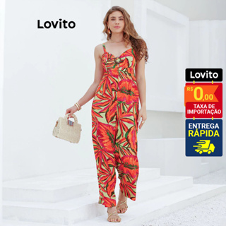 Lovito Bossa I Macacão Longo Feminino em Viscose Estampa Folhagens Coloridas e Argola no Busto LB15501580 em Oferta na Shopee