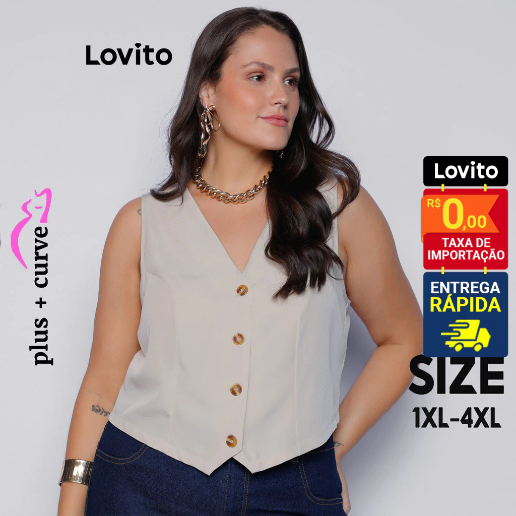 Lovito Blazer Elegante Liso com Botões Plus Size Curve Feminino LB626BRL656 em Oferta na Shopee