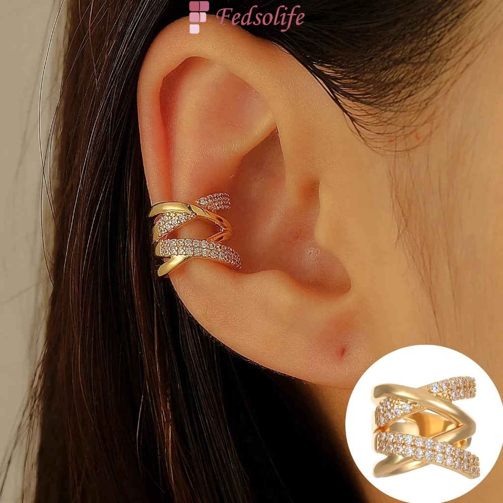 [Clipe de orelha Fedsolife] Diamante não perfurado moda dupla camada X clipe de osso de orelha cruzada feminino exclusiv