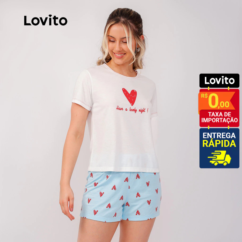 Lovito Pijama T-shirt e Shorts Casual com Estampa Coração Feminino LB1253BRL1283 em Oferta na Shopee