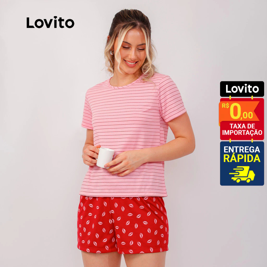 Lovito Pijama T-shirt e Shorts Curto Casual Listrado Feminino LB1252BRL1282