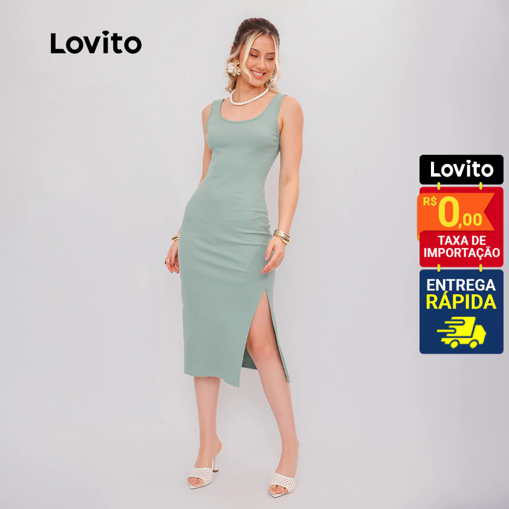 Lovito Vestido Casual Midi Fenda Lápis Liso Feminino LB1117BRL1147 em Oferta na Shopee