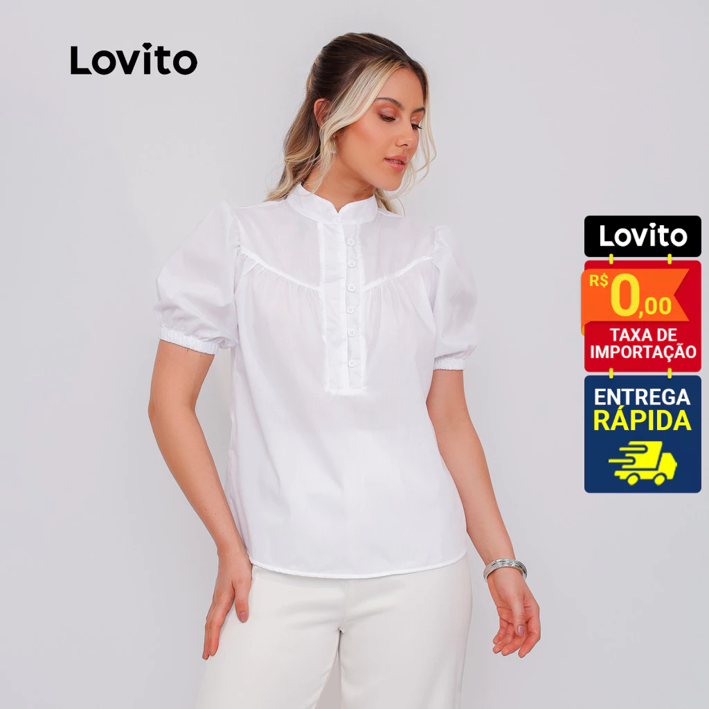 Lovito Blusa Trabalho Manga Curta Moda Modesta Elegante Lisa Feminina LB904BRL934 em Oferta na Shopee