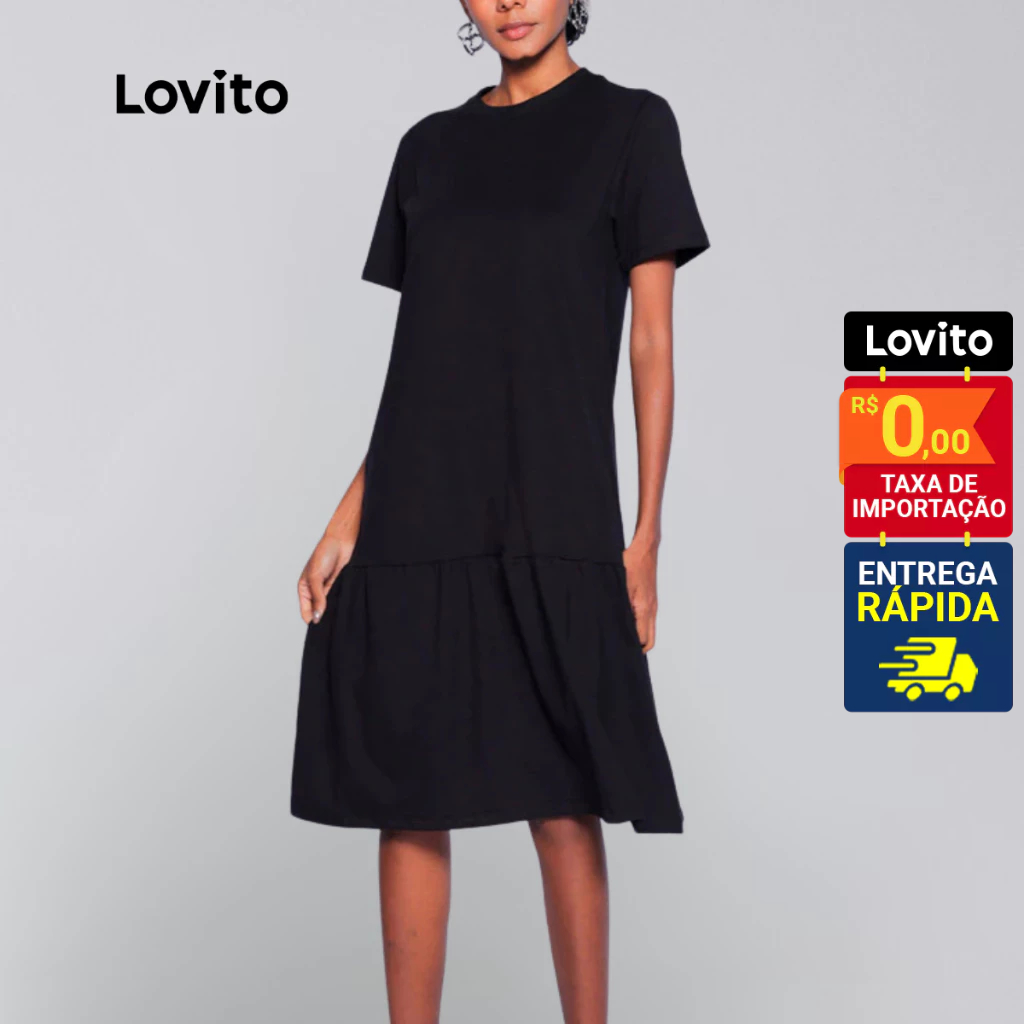 Lovito Vestido Midi Joelho Preto Basico Liso Para Mulheres LB610BRL640 em Oferta na Shopee