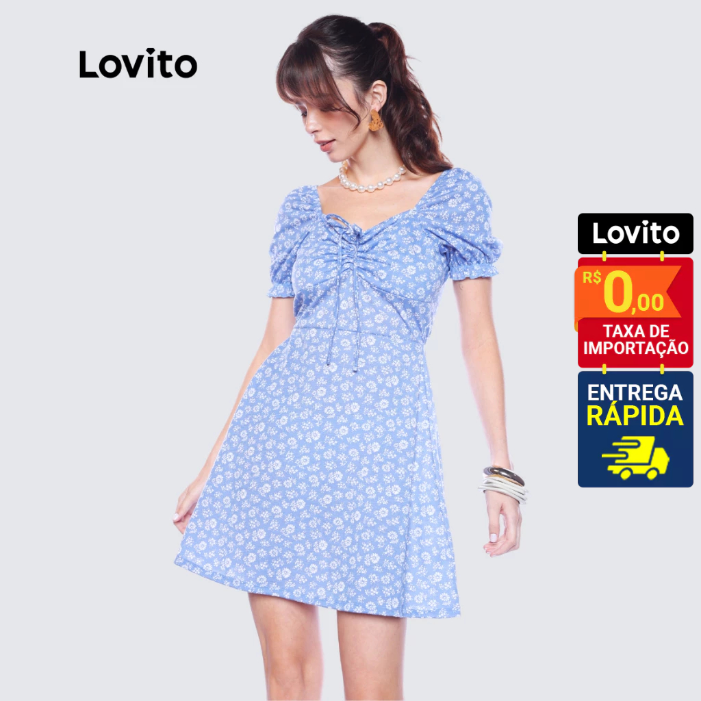 Lovito Vestido Curto Manga Curta Moda Casual Floral Para Mulheres LB1142BRL1172 em Oferta na Shopee