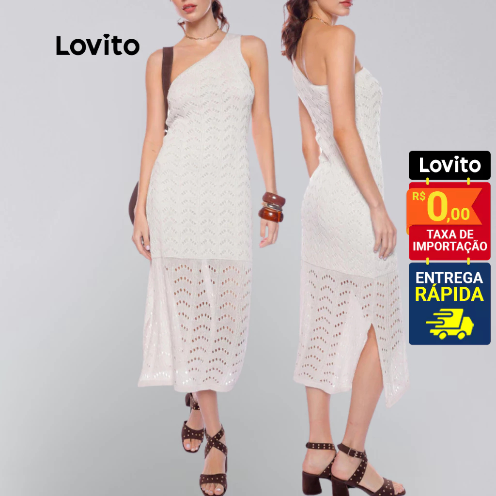 Lovito Casual Vestido Branco Um Ombro Só Renda Liso Para Mulheres LB1176BRL1206 em Oferta na Shopee