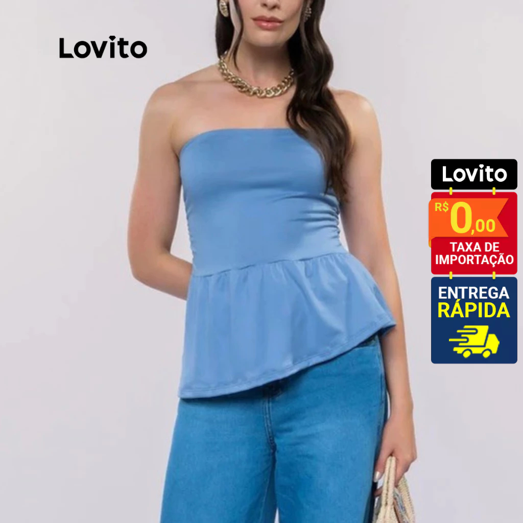 Lovito Blusa Casual Sem Mangas Azul Moda Feminina com Babado LB977BRL1007 em Oferta na Shopee