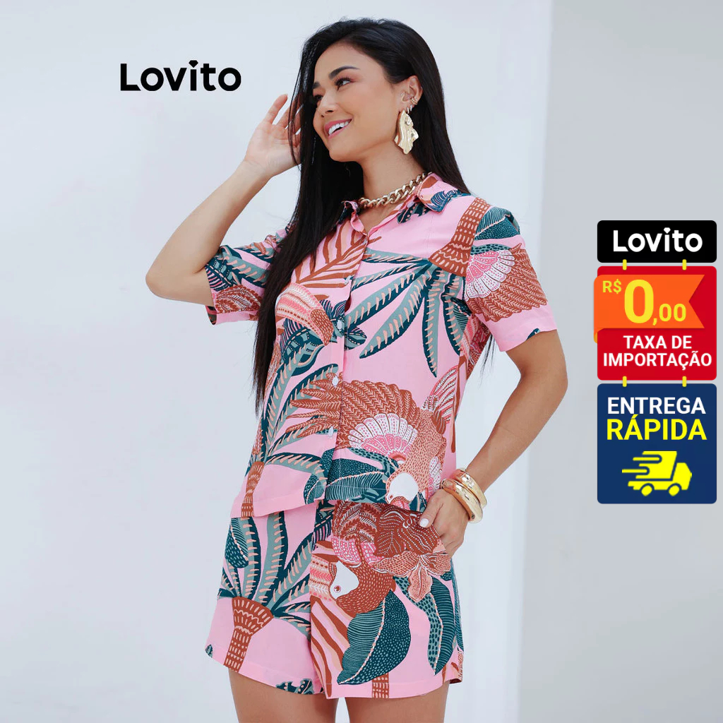 Lovito Bossa l Camisa Feminina em Viscose Com Mangas Curtas Curta Estampa Tropical LB1475BRL1505