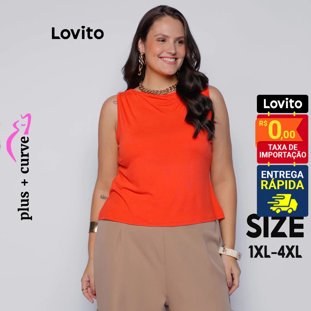 Lovito Plus Size Curvas Top Liso Casual Para Mulheres LB1354BRL1384 em Oferta na Shopee