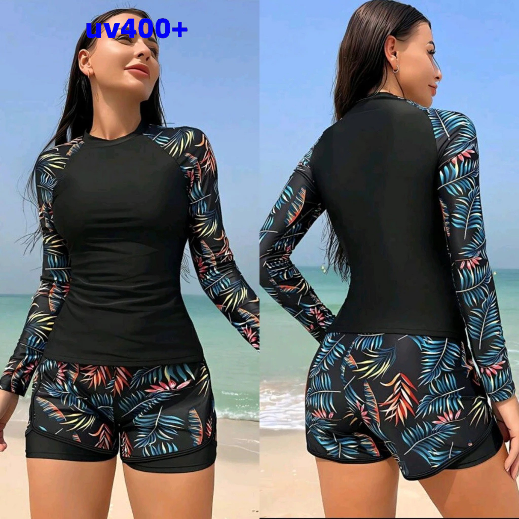 HNYHWKR Maiô Feminino De Praia Com Proteção UV Rashguard Manga Comprida Surf 2 Peças