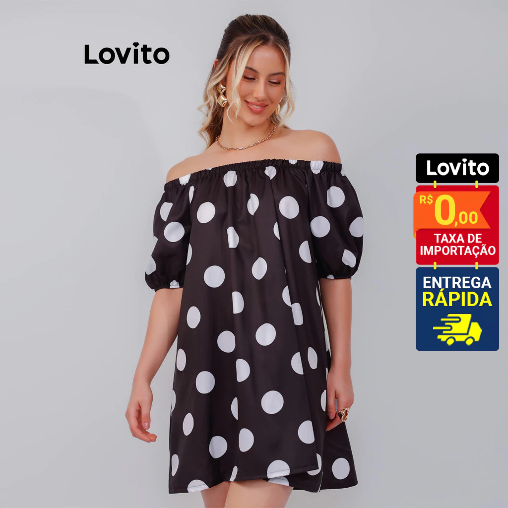 Lovito Vestido Curto Ombro a Ombro Vintage de Poá para Mulheres LB1329BRL1359 em Oferta na Shopee