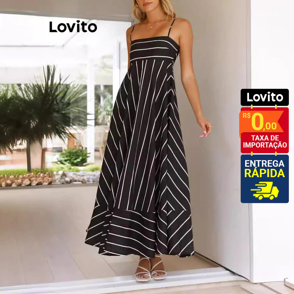 Lovito Vestido Elegante Listrado Com Estrutura Para Mulheres LNL72385 em Oferta na Shopee