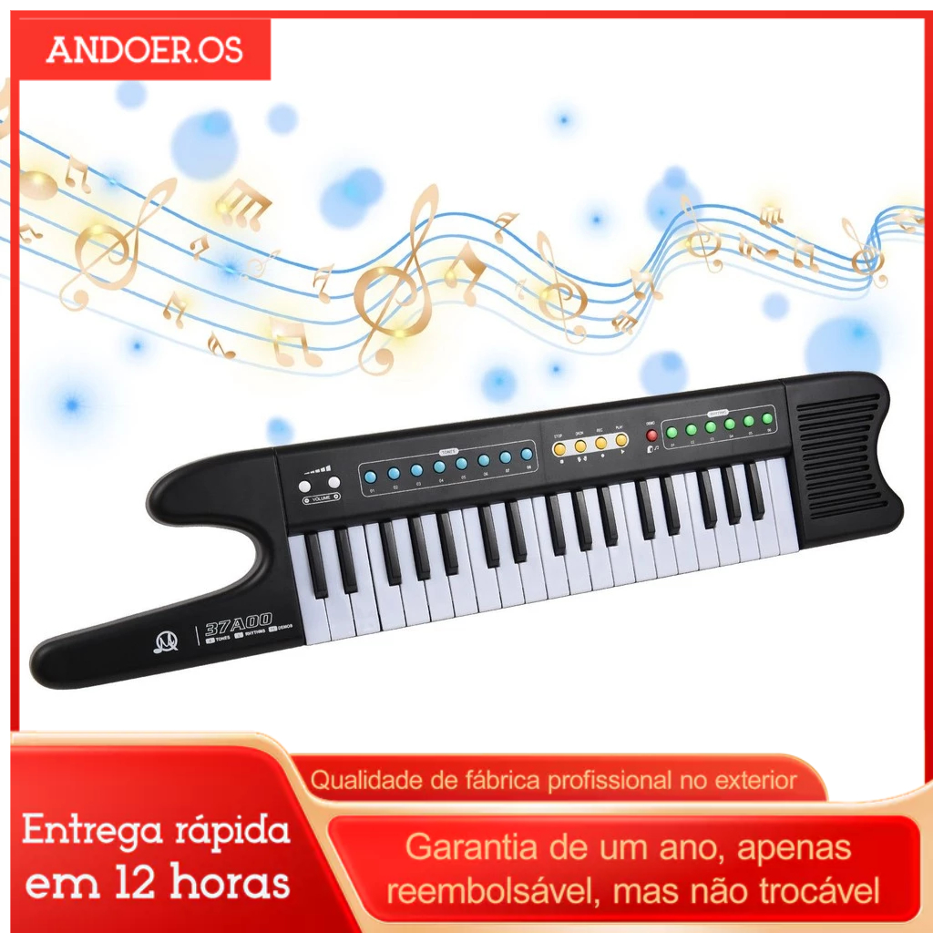 Teclado Eletrônico Portátil 37 Teclas  Mini Piano com Microfone Alça Recarregável USB Ideal  Adultos e Crianças